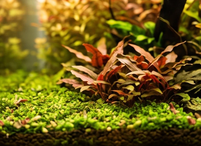 Lớp sỏi nền màu xanh lá cùng cụm cây tiêu thảo đỏ được chiếu sáng bởi ánh đèn LED ấm áp trong bể