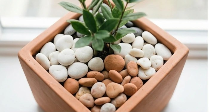 Lớp sỏi trắng và sỏi vàng rải đều trên bề mặt đất của chậu cây đất nung vuông màu nâu đỏ