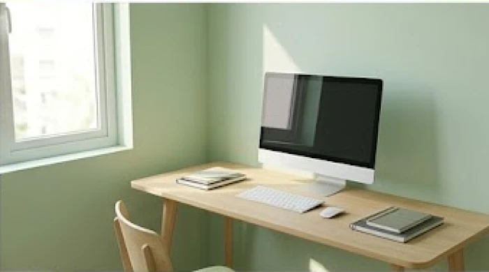 Góc học tập tối giản được phủ mảng sơn tường màu xanh lá pastel giúp người mệnh Mộc dễ dàng giảm thiểu mỏi mắt