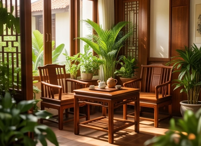 Góc trà thất tĩnh lặng bài trí nhiều cây xanh hỗ trợ tốt cho bản mệnh Sơn Hạ Hỏa.