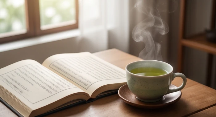 Khung cảnh tĩnh lặng với tách trà nóng và cuốn sách mở tượng trưng cho sự suy tư và lý trí tuổi Đinh Dậu 1957