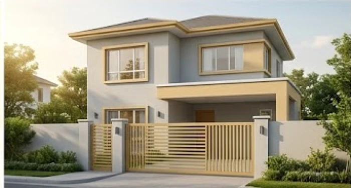 Mặt tiền căn nhà hiện đại được sơn màu xám nhạt với cổng kim loại vàng gold đón nắng