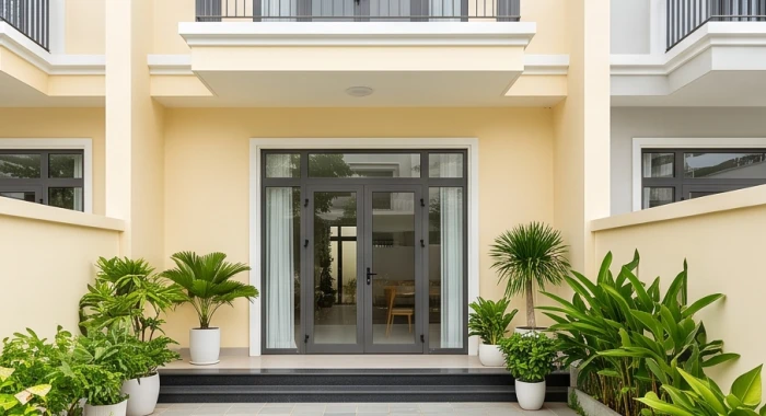Mặt tiền nhà phố ngoại thất sơn màu kem vàng tương sinh thu hút vượng khí vào không gian bên trong