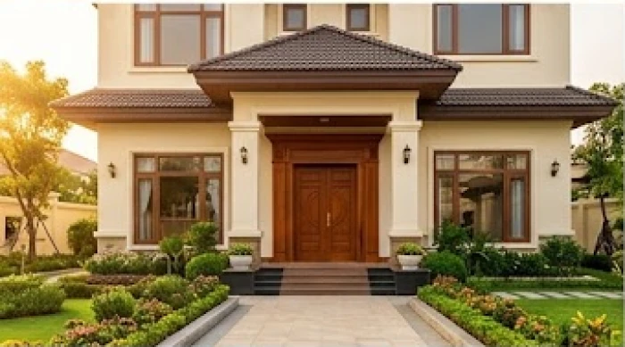 Ngoại thất biệt thự sang trọng sơn màu kem ấm điểm xuyết viền cửa sổ gỗ nâu sậm giúp cân bằng hỏa khí tự nhiên