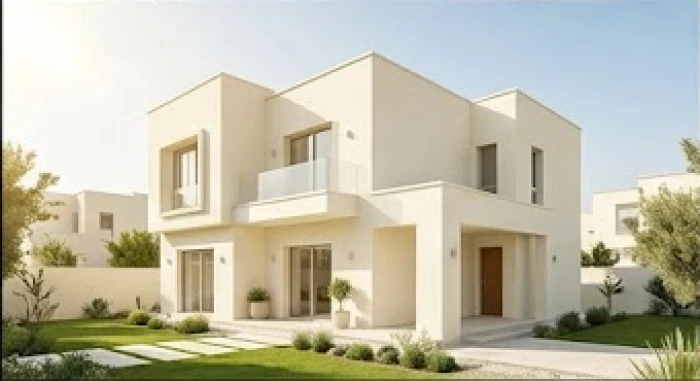 Mặt tiền biệt thự hiện đại sơn màu trắng sữa giúp phản xạ nhiệt dưới trời nắng