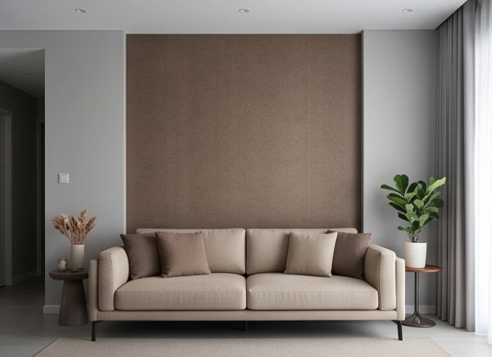 Phòng khách sơn tường xám nhạt 60% phối điểm nhấn tường sau sofa màu nâu 30% cho tuổi giáp tý 1984