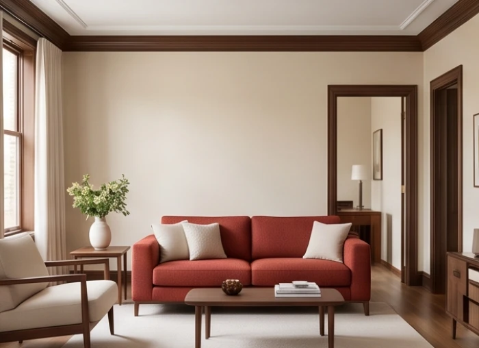 Không gian phòng khách ứng dụng chuẩn tỷ lệ màu sắc với tường màu be bộ sofa đỏ gạch và phào chỉ gỗ sẫm