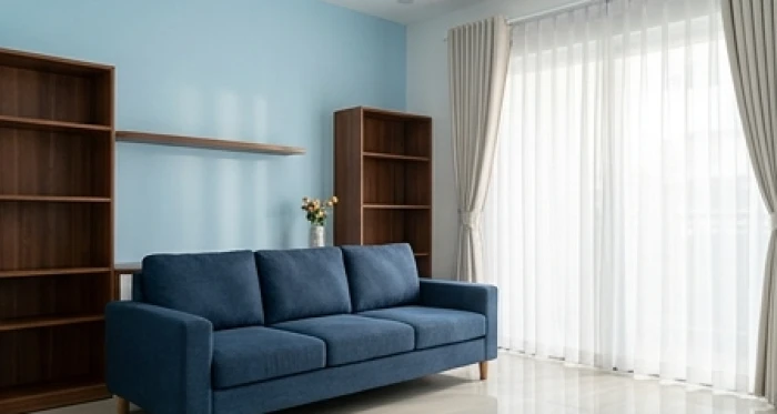Phòng khách sơn màu xanh lam nhạt kết hợp sofa xanh dương sẫm dịu mắt