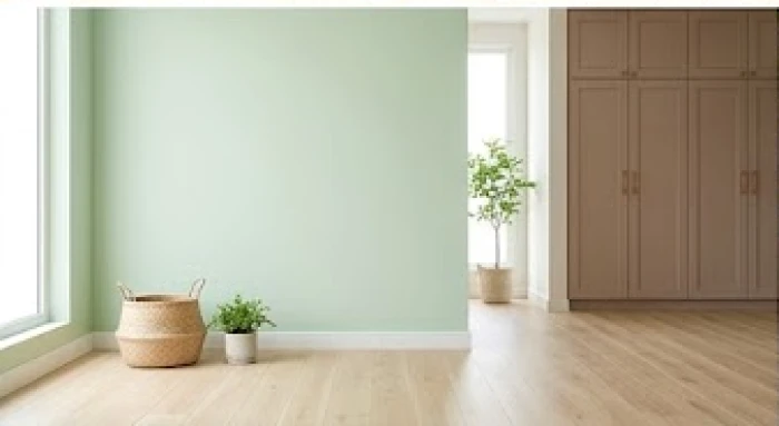 Phòng khách thoáng đãng với bức tường màu xanh lá pastel dịu nhẹ kết hợp nội thất gỗ màu nâu nhạt