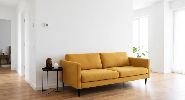 Không gian phòng khách áp dụng quy tắc tỷ lệ màu sắc với bức tường trắng và bộ sofa màu vàng hanh
