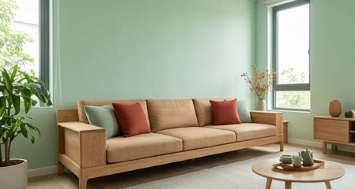Phòng khách sơn tường xanh lá pastel phối nội thất gỗ tự nhiên và gối tựa màu đỏ cho tuổi giáp thìn