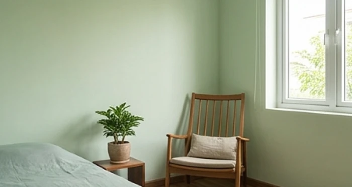 Căn phòng ngủ thoáng đãng được sơn mảng tường màu xanh lục nhạt mang lại cảm giác thư thái