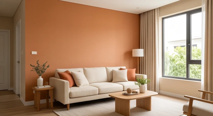 Phòng khách cho Bính Tuất 2006 nổi bật với bức tường điểm nhấn cam đất sau sofa