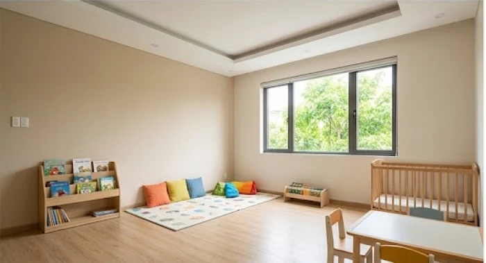 Mảng tường sơn màu trắng sứ kết hợp cùng ánh sáng tự nhiên giúp phòng bé thêm thoáng đãng