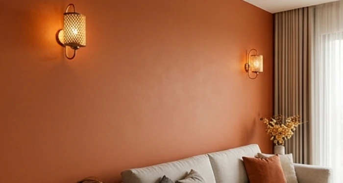 Bề mặt tường phòng khách sơn mờ màu cam đất êm dịu không bị phản chiếu chói lắt dưới ánh đèn trang trí ấm áp