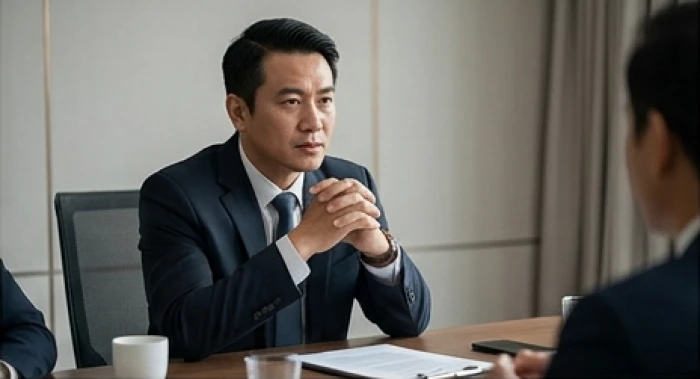Người đàn ông trầm tư ngồi chắp tay suy nghĩ căng thẳng trong phòng họp khi đối mặt với áp lực công việc