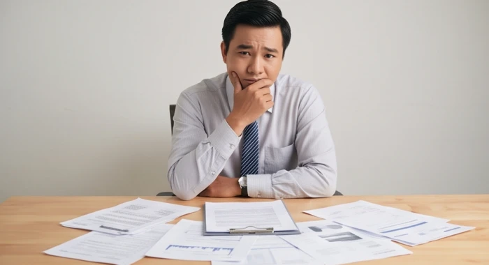 Nhân viên văn phòng tỏ ra phân vân và bối rối trước quá nhiều giấy tờ trên bàn làm việc