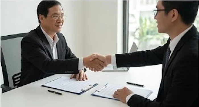 Hai doanh nhân bắt tay ký kết hợp đồng trên bàn làm việc cho thấy sự hợp tác ổn định tuổi thân và tuổi sửu.
