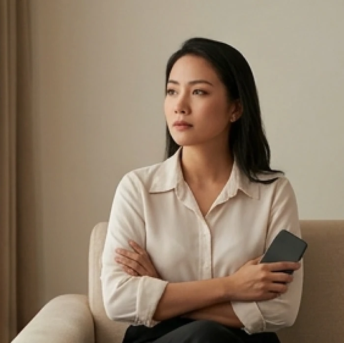 Ánh mắt xa xăm và tư thế khoanh tay phòng thủ của người phụ nữ khi đối diện với tổn thương