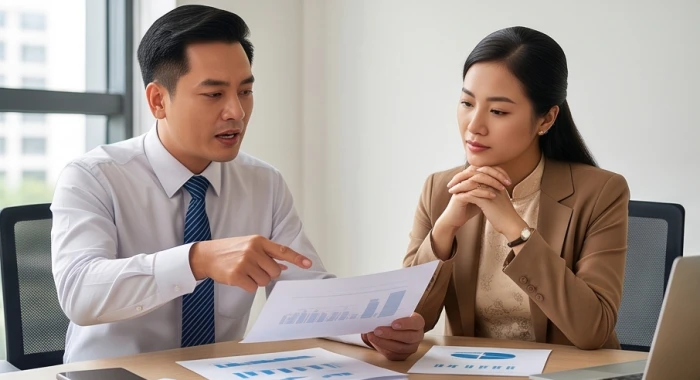 Hai nhà quản lý đang phân tích tài liệu với phong thái đối lập nhưng đều toát lên vẻ kiên định