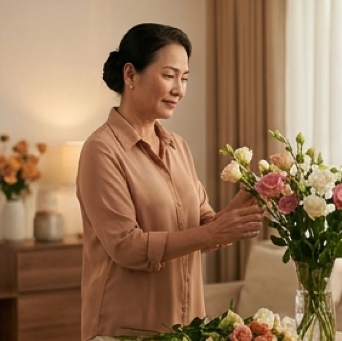 Nét mặt điềm đạm và phong thái vững chãi của người phụ nữ khi chăm sóc không gian sống
