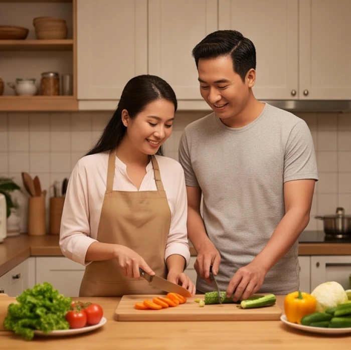 Người vợ tuổi Dần thể hiện sự mềm mỏng khi cùng chồng chuẩn bị bữa tối gia đình trong gian bếp hiện đại