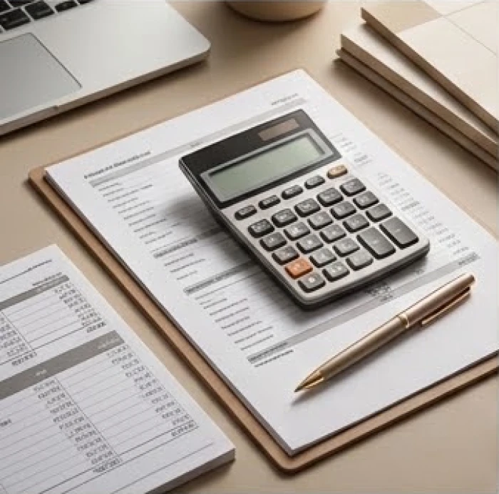 Tập tài liệu tài chính, sổ kế toán và máy tính được sắp xếp ngăn nắp trên bàn làm việc thể hiện tính kỷ luật cao