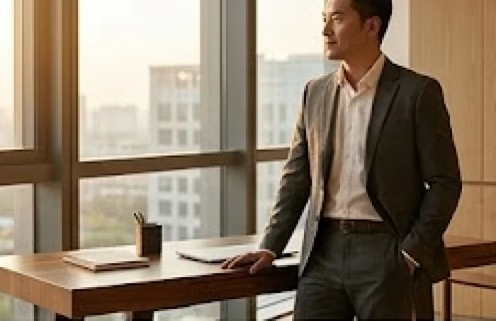 Nam doanh nhân đang đứng trước bàn làm việc và suy ngẫm về chiến lược kinh doanh cho giai đoạn sắp tới