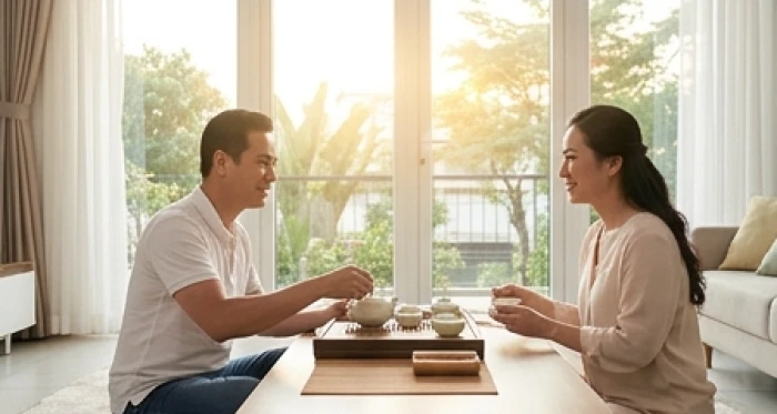 Doanh nhân nam ất sửu 1985 thành đạt bên gia đình hạnh phúc trong không gian phòng khách sang trọng hậu vận