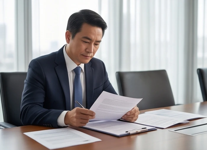 Doanh nhân nam tuổi nhâm tuất 1982 suy xét hợp đồng hợp tác minh bạch tại văn phòng