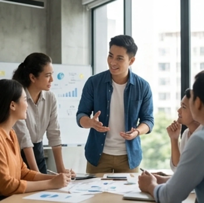 Chàng trai nam mạng Bính Tý thảo luận ý tưởng mới cùng đồng nghiệp trong môi trường làm việc sáng tạo và năng động