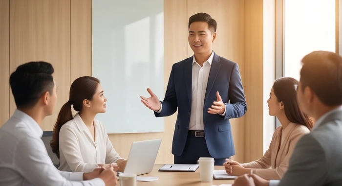 Nam doanh nhân Bính Tý tự tin thảo luận kế hoạch mở rộng kinh doanh trong giai đoạn trung vận