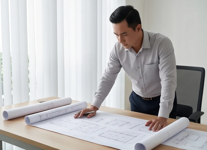 Nam giới tuổi Sửu tập trung quản lý dự án kỹ thuật trên bàn làm việc trong văn phòng chuyên nghiệp
