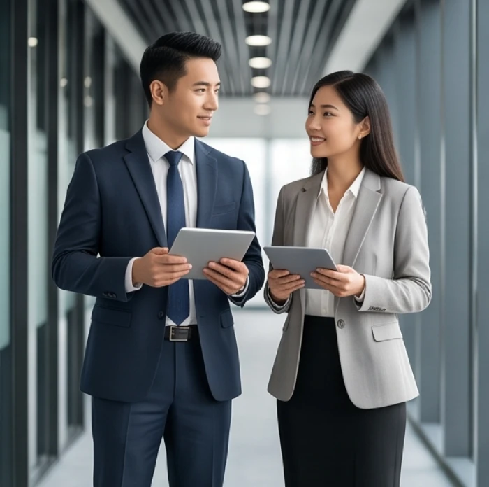 Nam và nữ quản lý tuổi Dần hợp tác điều phối dự án chiến lược tại khu vực sảnh văn phòng chuyên nghiệp