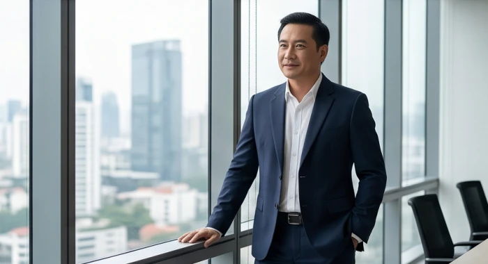 Nhà lãnh đạo tuổi dần trung niên tự tin điều hành cuộc họp với tầm nhìn chiến lược