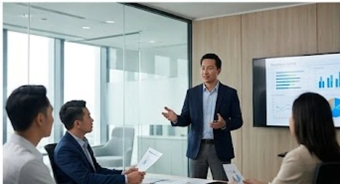 Chuyên gia tư vấn nam tuổi Mão trình bày giải pháp chiến lược rõ ràng trên màn hình tại phòng họp công ty