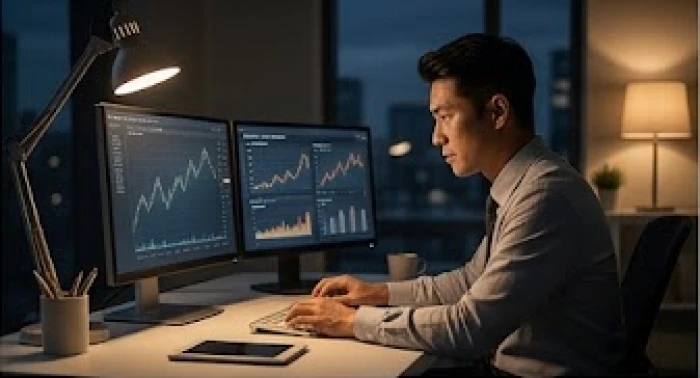 Nam giới tuổi Tỵ tập trung phân tích dữ liệu trên máy tính để tìm ra cách giải quyết sự cố công việc