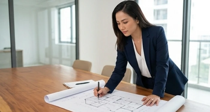 Người phụ nữ thành đạt xem xét bản vẽ thiết kế ngôi nhà mới trong không gian phòng làm việc tràn ngập ánh sáng
