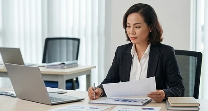 Nữ chuyên viên tài chính tuổi Giáp Tý 1984 tỉ mỉ lập kế hoạch ngân sách và phân tích số liệu trên máy tính