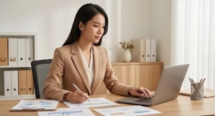 Nữ doanh nhân tuổi Kỷ Mão làm việc chuyên nghiệp bên bàn làm việc với biểu đồ tài chính vững vàng sau tuổi 30