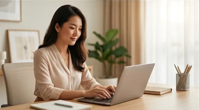 Nữ doanh nhân tuổi mão tự tin xem xét báo cáo tài chính trên máy tính xách tay tại không gian văn phòng thanh lịch