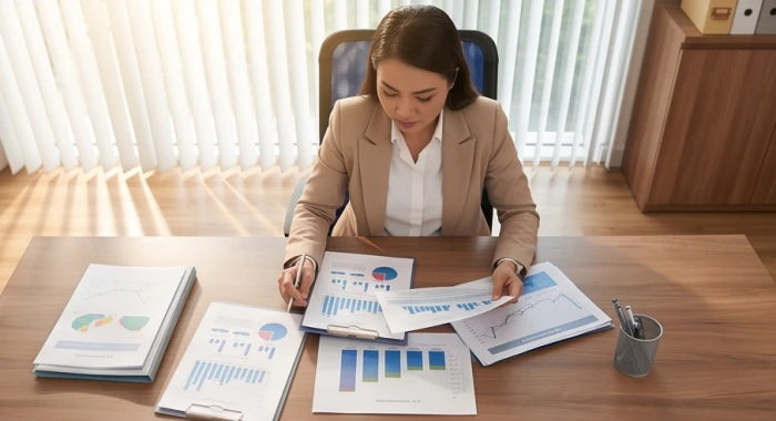 Nữ doanh nhân Tân Dậu xem xét biểu đồ tăng trưởng tài chính và kế hoạch tích lũy tài sản dài hạn trên bàn làm việc