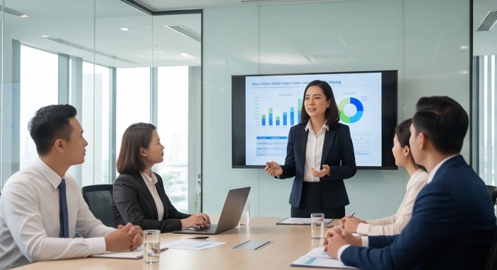 Doanh nhân tuổi Canh Thìn tự tin điều hành cuộc họp triển khai kế hoạch kinh doanh cùng các đối tác