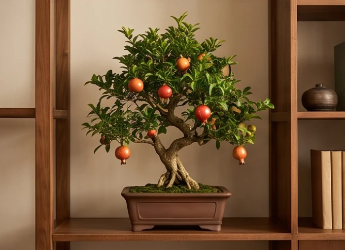 Chậu cây bonsai lựu đá xanh tốt đặt trang trọng trên kệ gỗ trong một phòng đọc sách tĩnh lặng.
