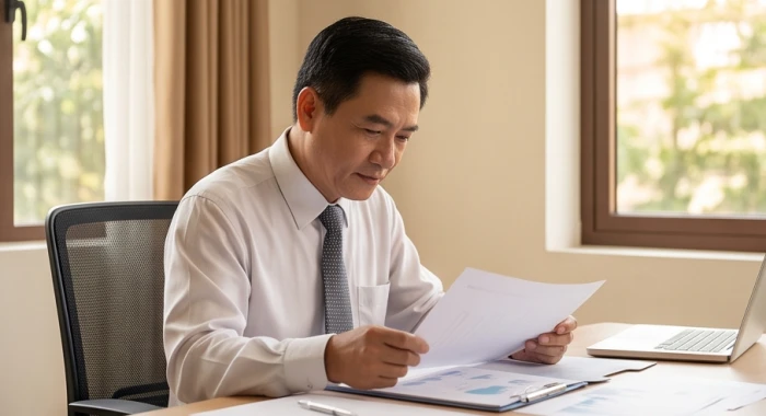 Người đàn ông trung niên tập trung làm việc với phong thái điềm đạm và tự tin