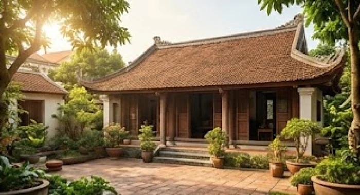 Ngôi nhà truyền thống khang trang với sân vườn xanh mát tượng trưng cho thành quả tích lũy vững chắc giai đoạn trung vận