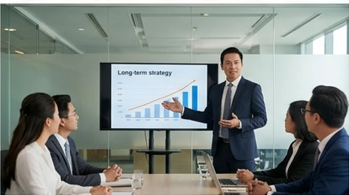 Nam quản lý tuổi Bính Dần điều hành cuộc họp triển khai dự án đầu tư dài hạn tại văn phòng hiện đại ở giai đoạn 38 tuổi