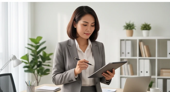 Nữ doanh nhân kiểm tra hợp đồng kinh doanh và lịch trình làm việc tại văn phòng sáng sủa