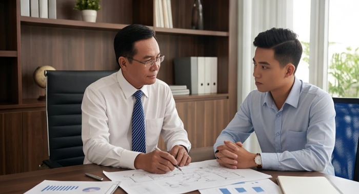 Lãnh đạo tuổi Bính Thìn 50 tuổi ân cần cố vấn chiến lược và truyền đạt kinh nghiệm cho thế hệ nhân sự trẻ
