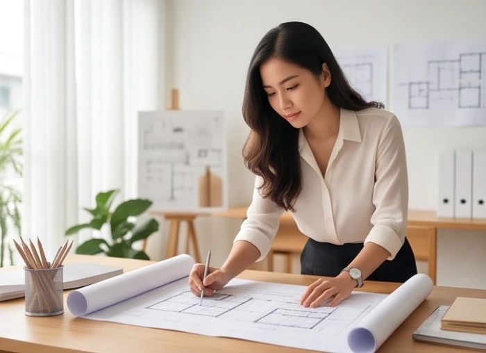 Nữ kiến trúc sư Bính Tuất 2006 chăm chú kiểm tra bản vẽ thiết kế tỉ mỉ tại văn phòng làm việc chuyên nghiệp
